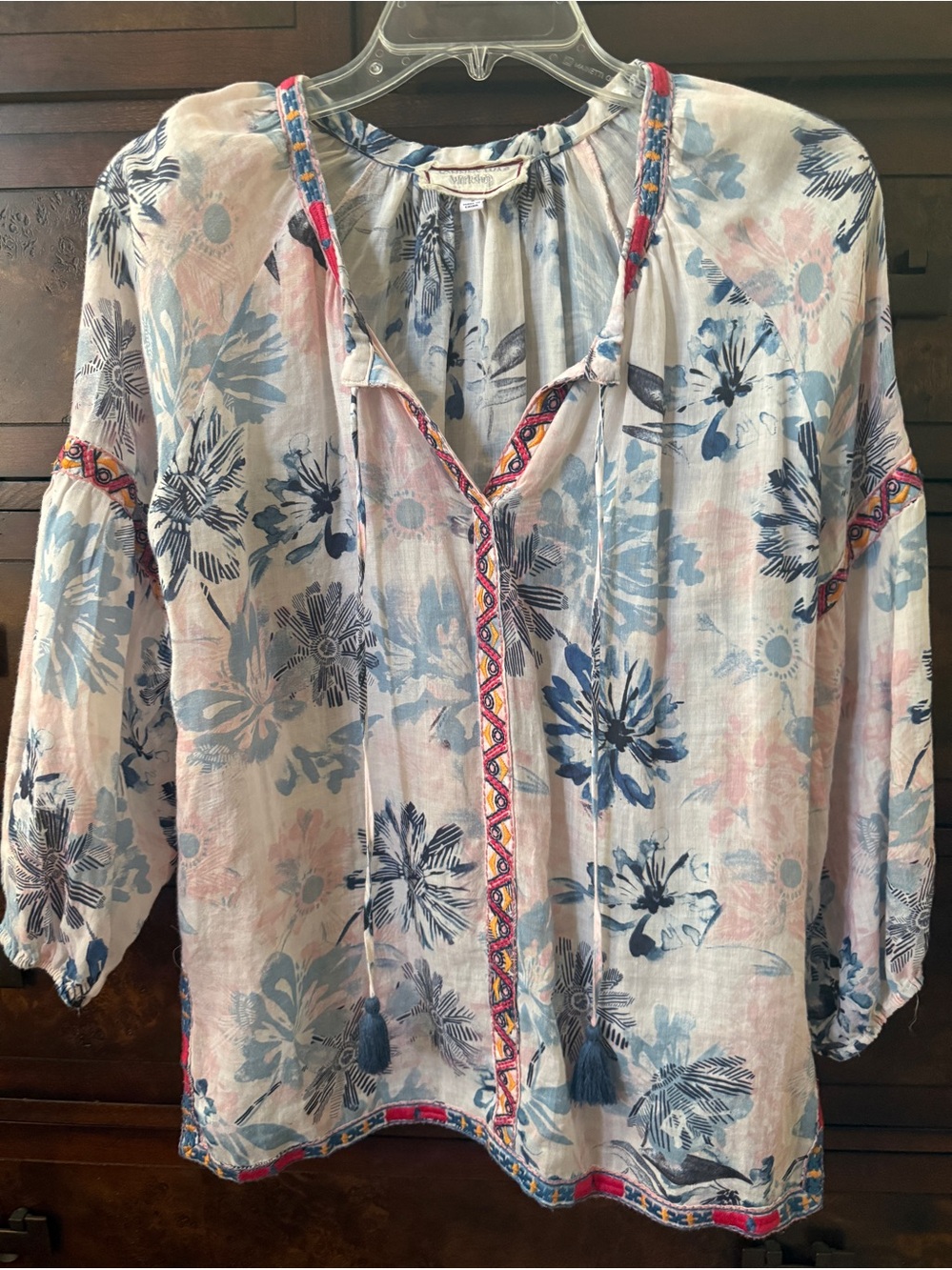 Johnny Was Blue and Pink Floral Embroidered Peasant Tunic- SM